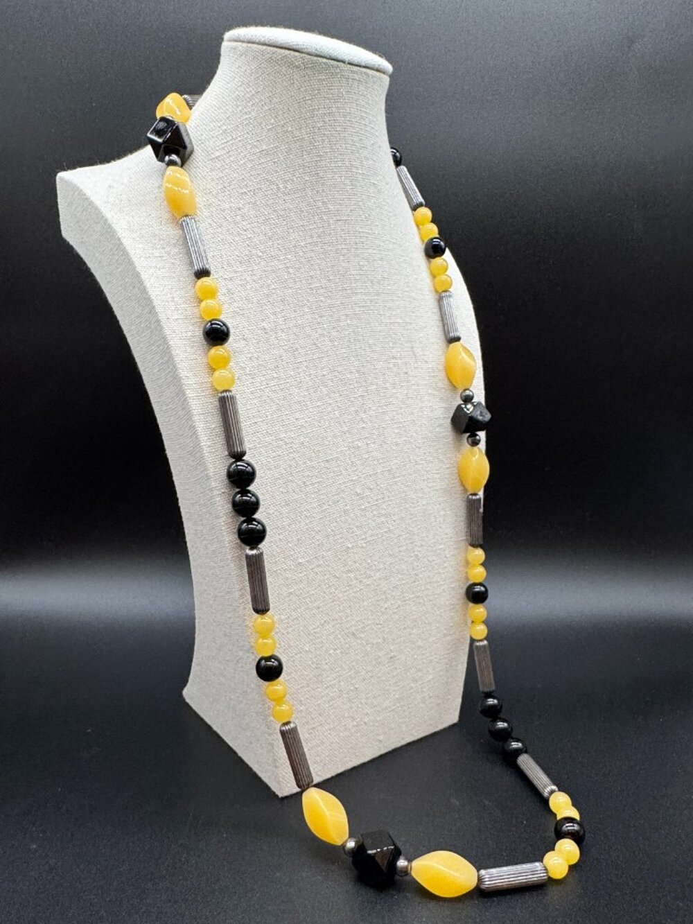 Vintage Necklace Yellow Quartz, Silver and Black Glass Beads 30 inches